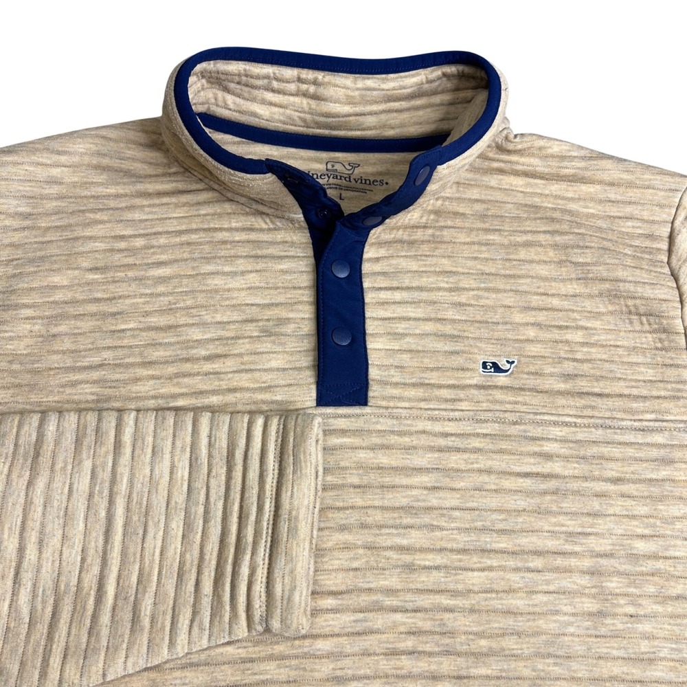 Vineyard Vines Mens Large Tan Ribbed Quarter Snap Pullover Sweater Navy Trim